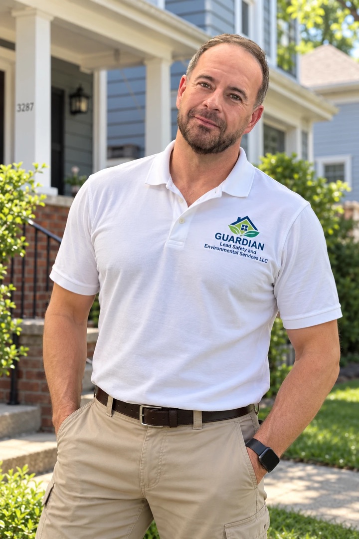 William M. Barker, owner of Guardian Lead Safety and Environmental Services, LLC, standing in front of a Cleveland home